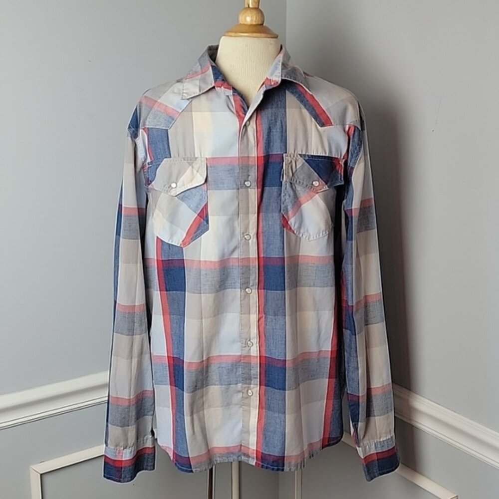 LEVI'S VTG "Two Horse Brand" Blue Red Plaid Western Long Sleeve Pearl Snap Shirt